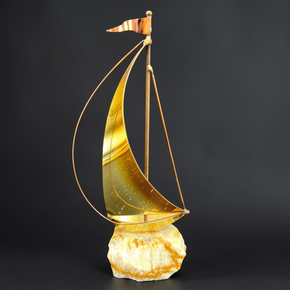 DeMott Signed Brass Copper Sailboat Sculpture on Onyx Stone Base Nautical Art